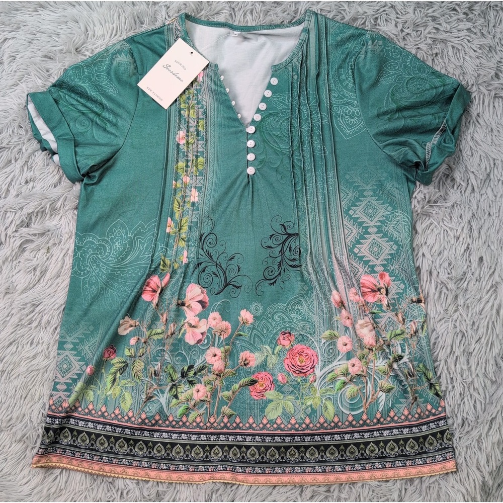 Soesdemo Shirt Womens M Green Top Comfort Casual Blouse Floral Preppy New